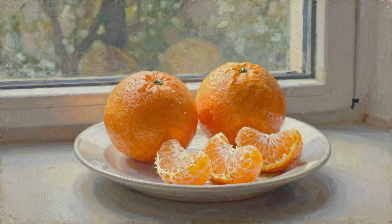 Whole oranges and peeled orange segments on a plain ceramic plate beside a window.