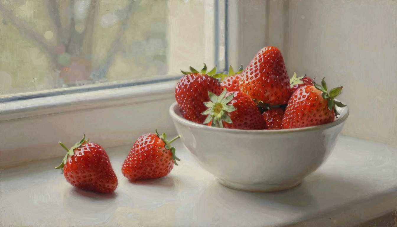 Ripe strawberries in a plain ceramic bowl beside a quiet window.