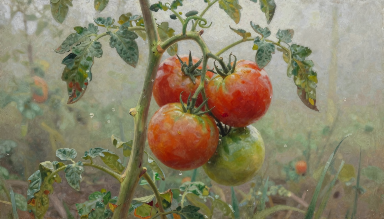 Ripe red tomatoes and a few green tomatoes on a vine in a quiet garden.