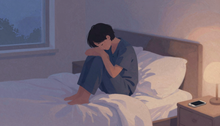 Tired adult sitting beside a bed as soft dawn light enters a modern bedroom