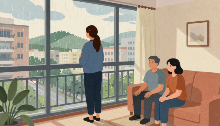Adult regaining composure in a quiet apartment as warm light returns after a storm