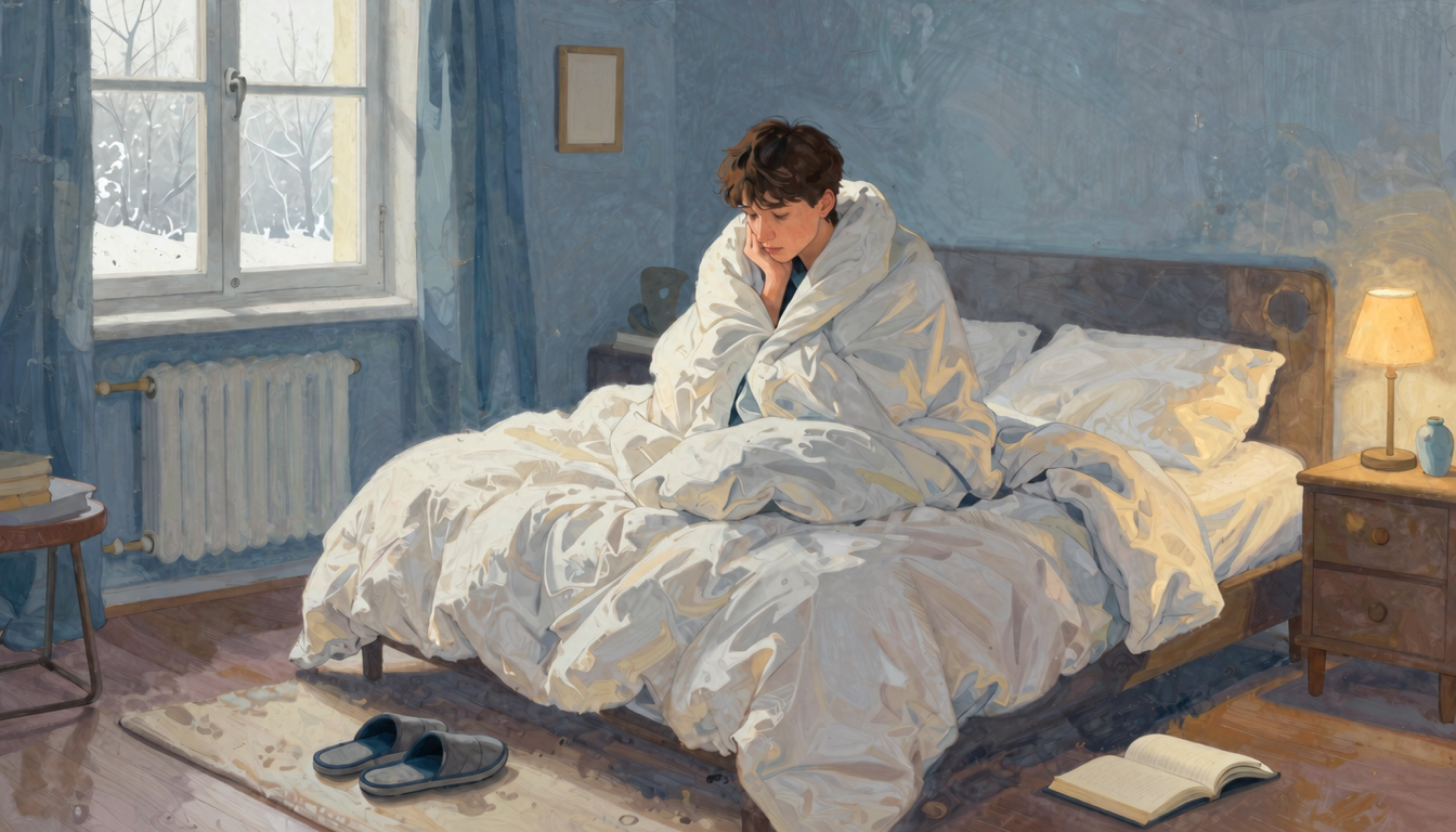 Young adult hesitates to leave a warm bed on a cold winter morning