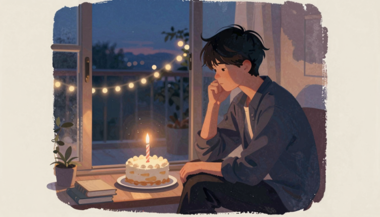 A reflective adult sits apart from a softly lit birthday gathering