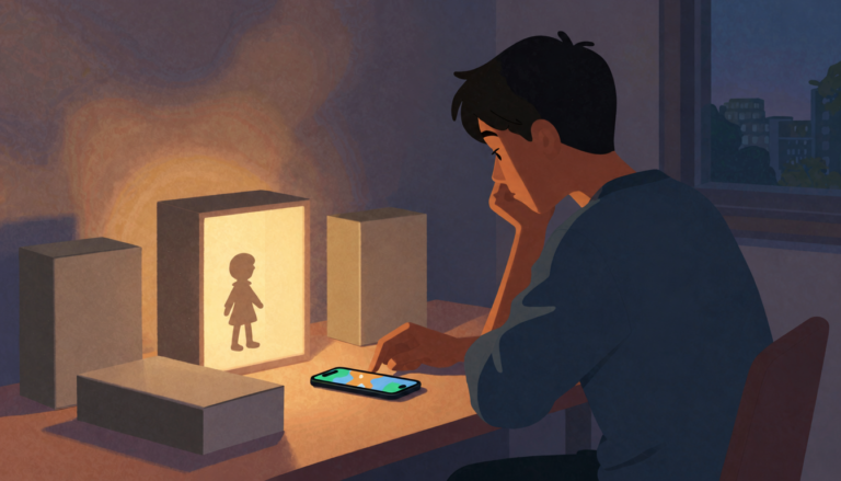 A thoughtful shopper pauses beside blank collectible boxes and a phone