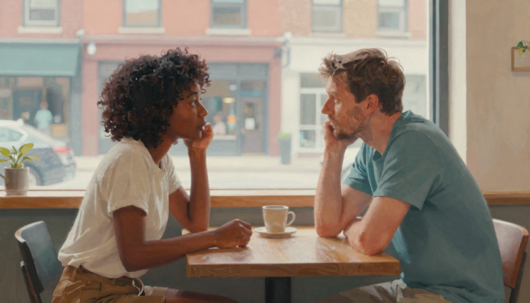 Two adults become absorbed in an attentive conversation inside a contemporary Toronto café