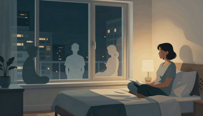 Sleepless adult reflects on an idealized past relationship in a softly layered modern apartment scene