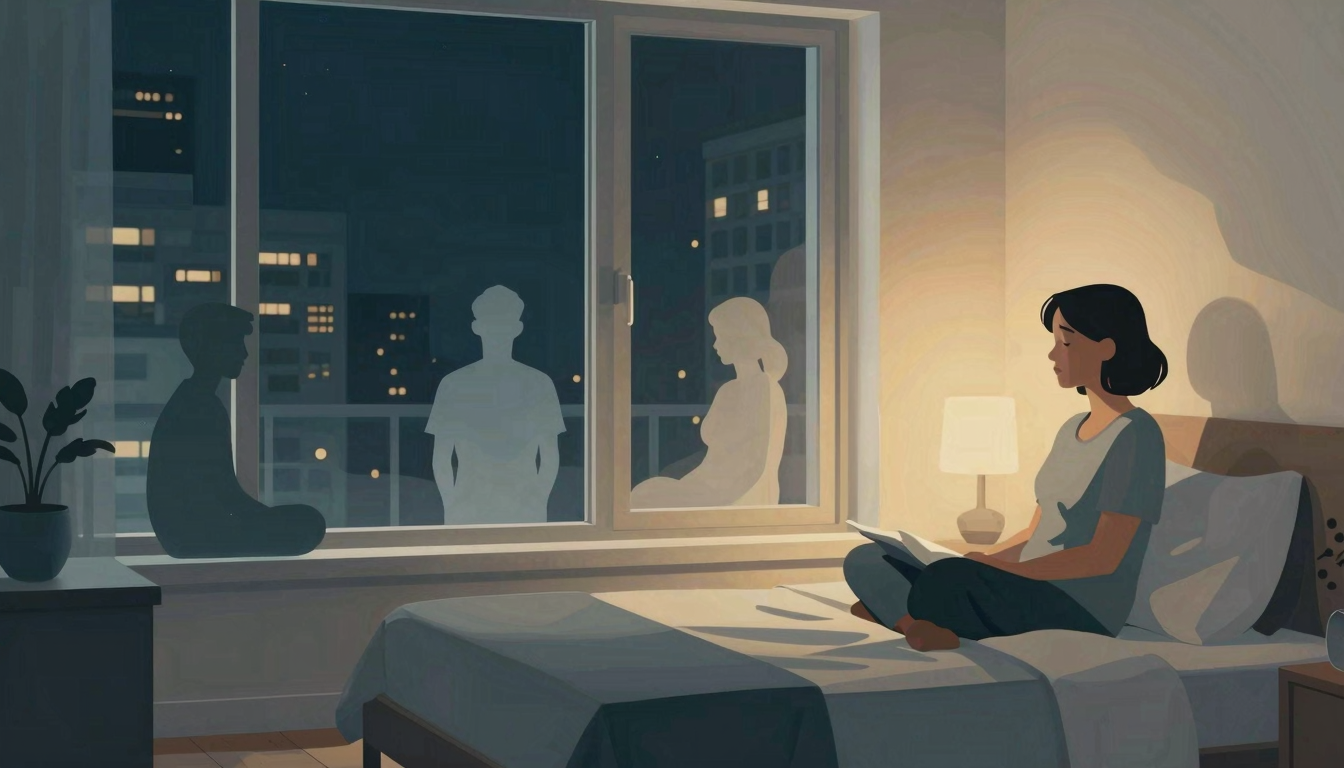 Sleepless adult reflects on an idealized past relationship in a softly layered modern apartment scene