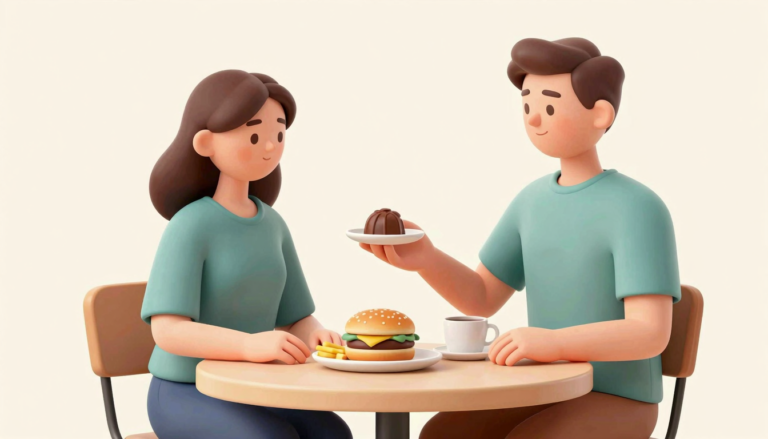 A shopper pauses before taking an offered chocolate beside a simple cafe meal.