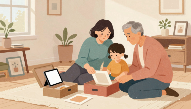 Older parent and adult child thoughtfully curate keepsakes in a warm contemporary apartment