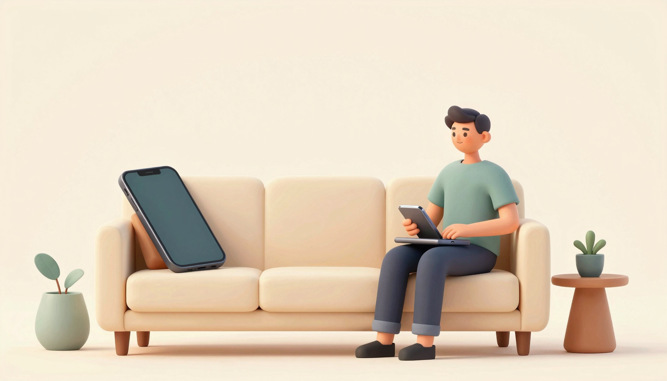 Adult relaxing on a sofa with a phone placed face down beyond easy reach.