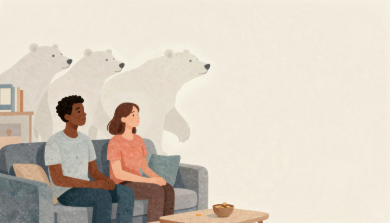 Adult calmly observes a recurring white bear thought in a modern apartment