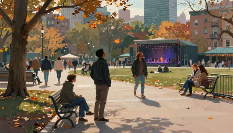 A city resident pauses beneath falling leaves while everyday life continues nearby