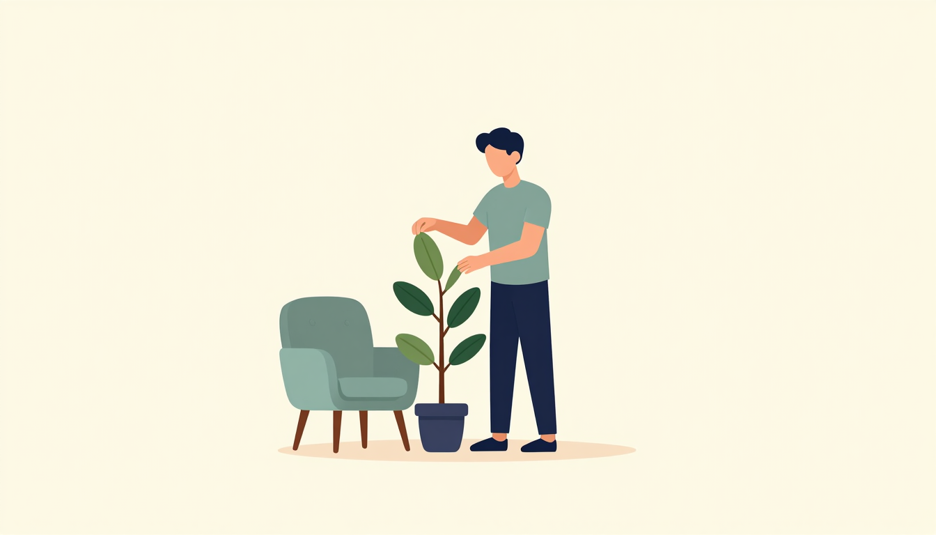 An adult tends a houseplant beside an empty armchair in a softly lit contemporary apartment.